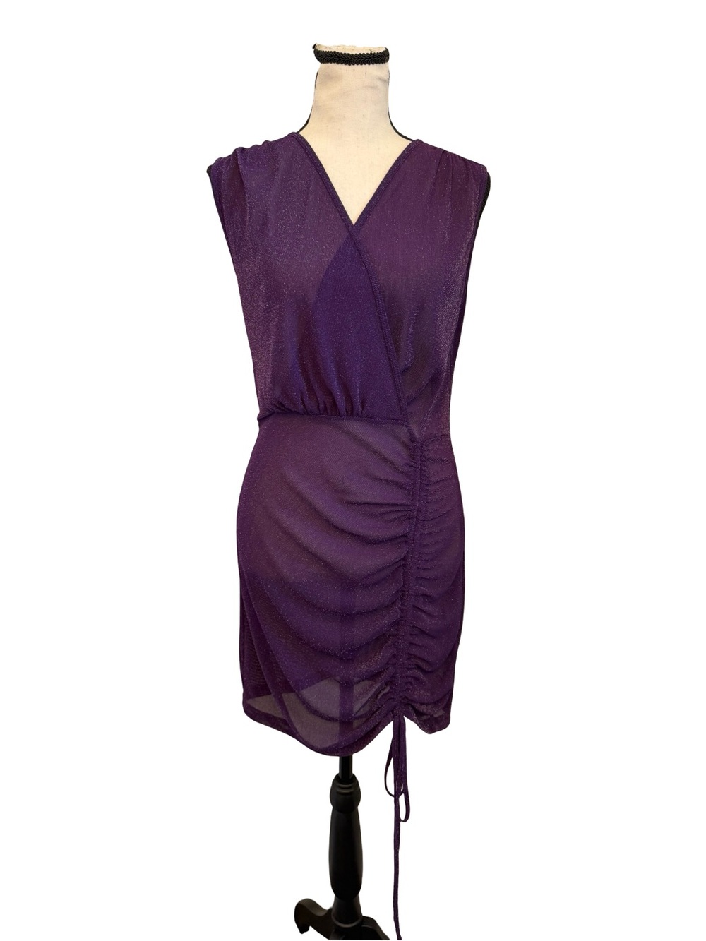 Unbranded Purple Metallic Ruched Bodycon Cocktail Dress Sleeveless Size S